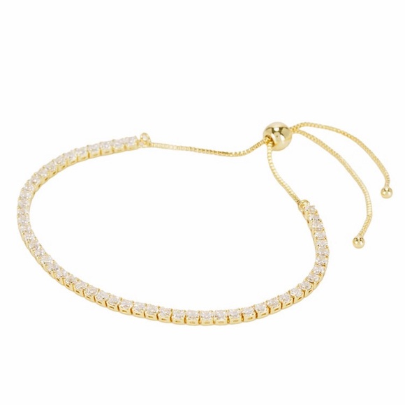 Shashi Revolve Crystal Diamond Tennis Pull Slider Bracelet in Gold-Tone New